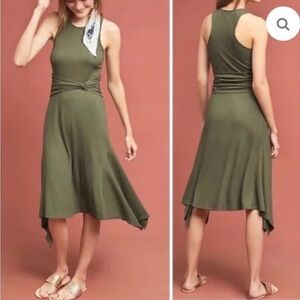 ANTHROPOLOGIE Ribbed Kingsolver Asymmetric Midi Dress Army Olive Green Size XS
